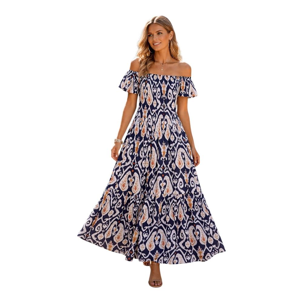 MER ST BART Women's 10 12 Geneviere Maxi Dress Ikat Pattern Tiered Smocked Neck